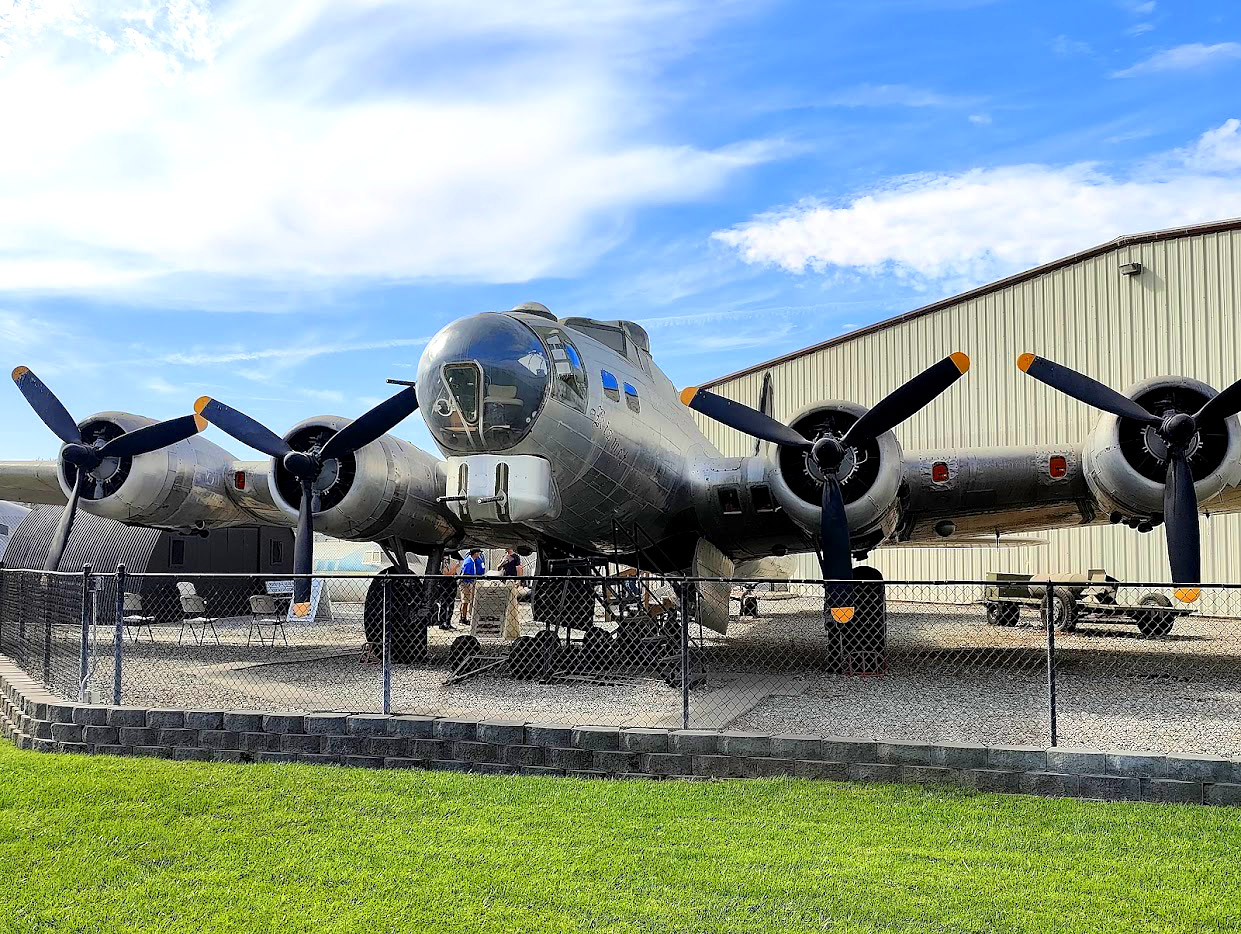 Wide view of a historic military bomber displayed at the Planes of Fame Air Museum in Chino